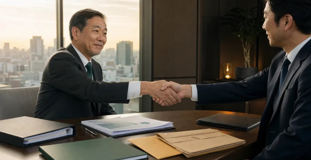 DM発送代行会社の譲渡相談後に握手する経営者とアドバイザー