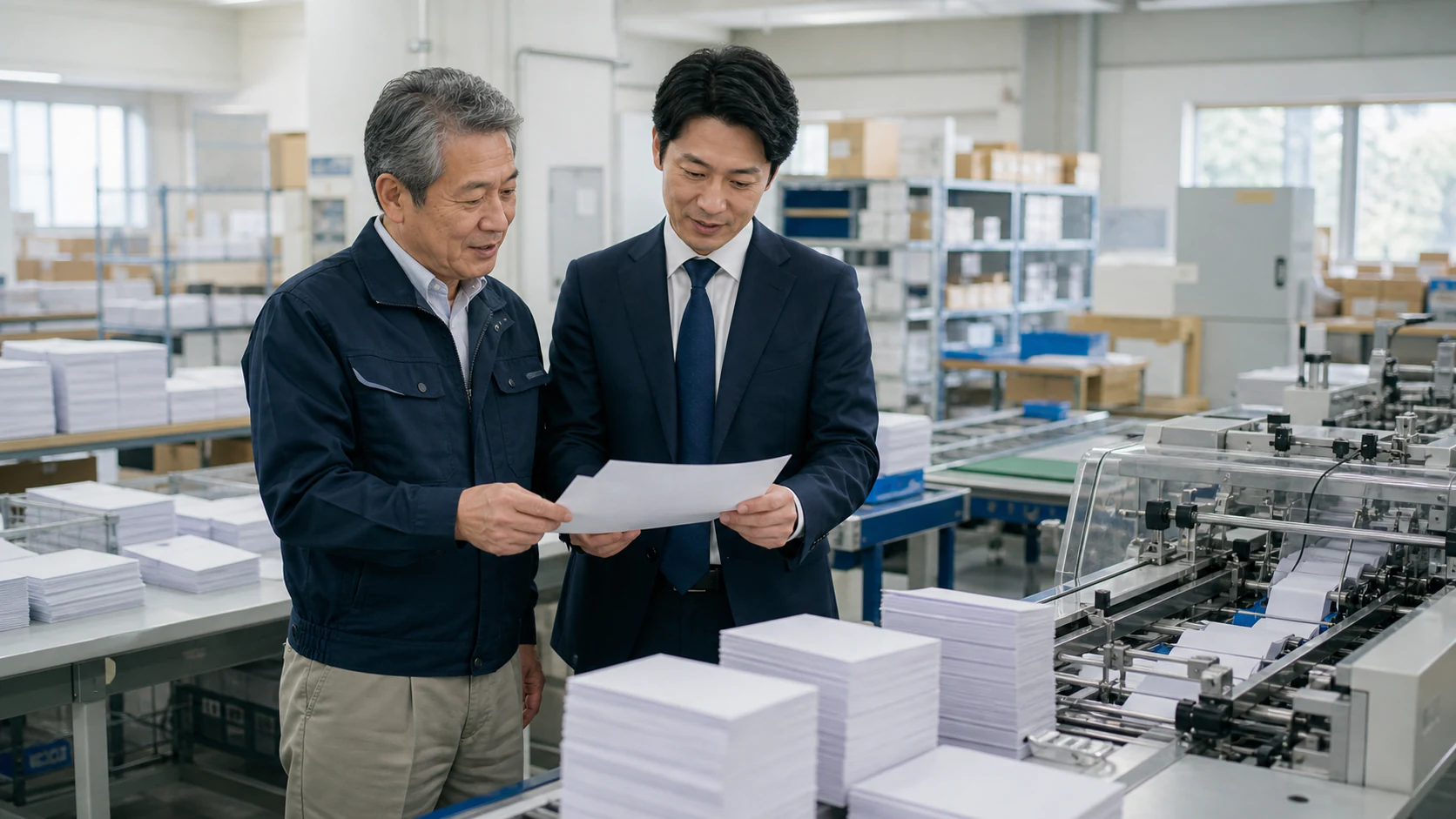 DM発送代行会社の経営者とM&A担当者が事業承継について確認するAI生成イメージ
