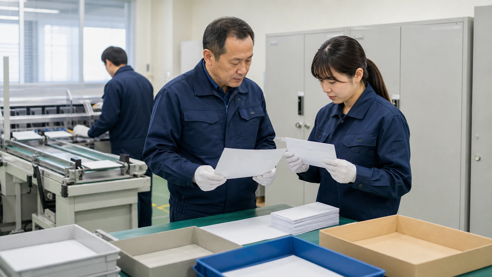 DM発送現場で担当者が品質管理と作業引継ぎを確認するAI生成イメージ