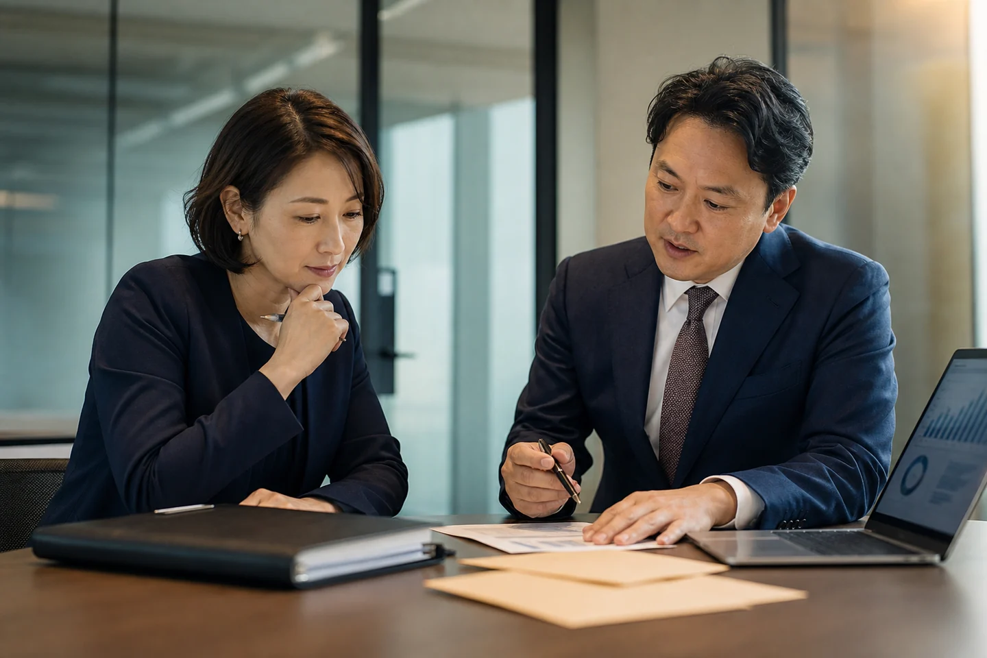 資料を確認しながら事業承継について話し合うイメージ